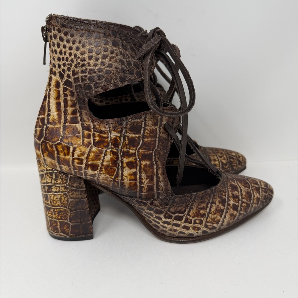 Freebird by Steven Brown Croc-Embossed Lace-Up Block Heel Booties